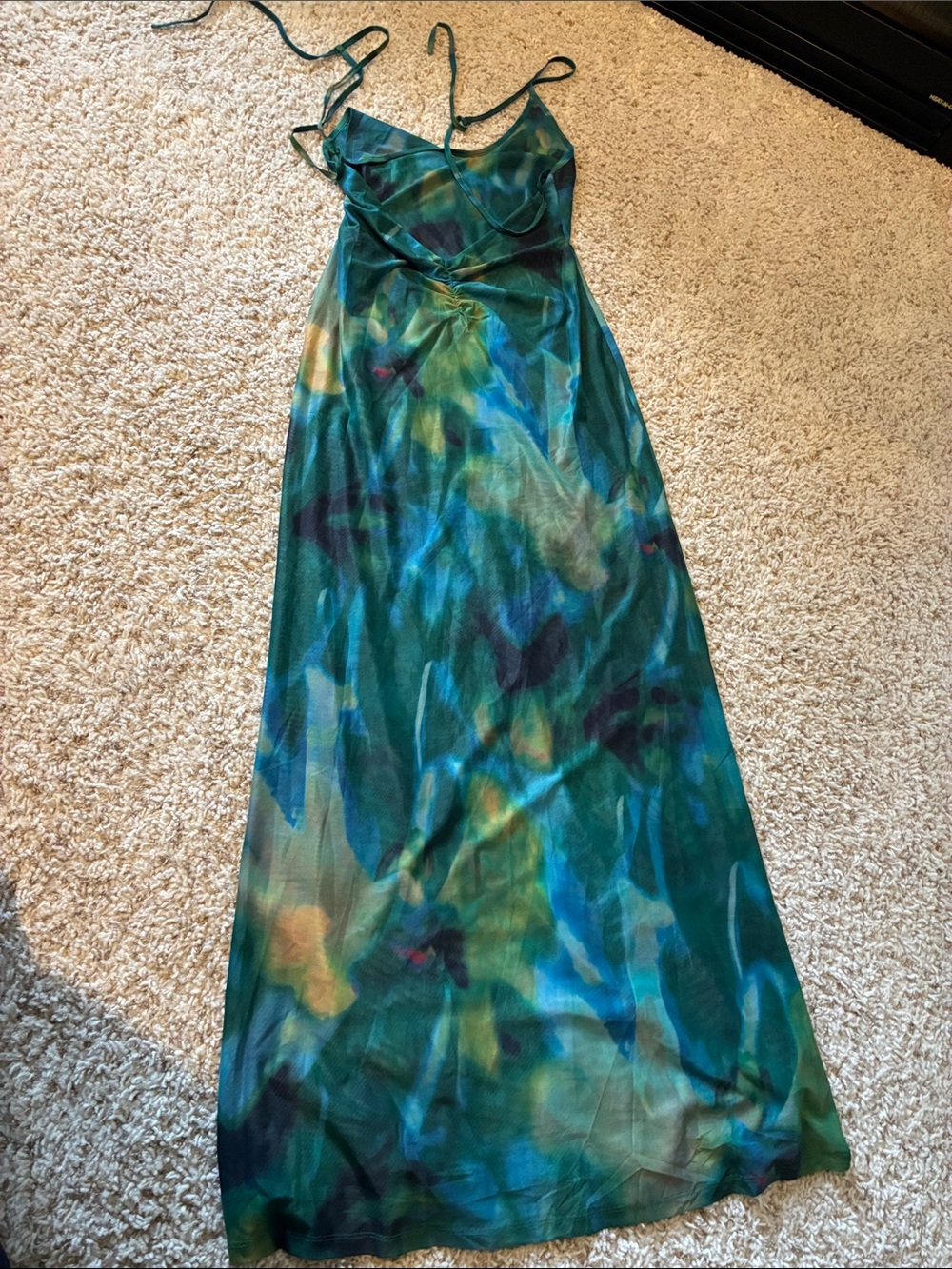 Green Tie-Dye Slip Maxi Dress with Adjustable Straps